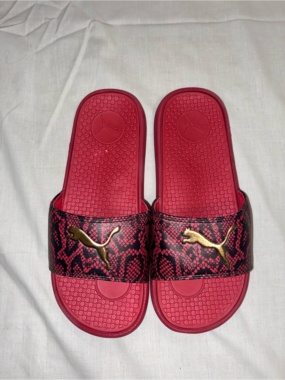 Puma Women’s Red & Black Snake-Print Slide Sandals with Gold Puma Emblem